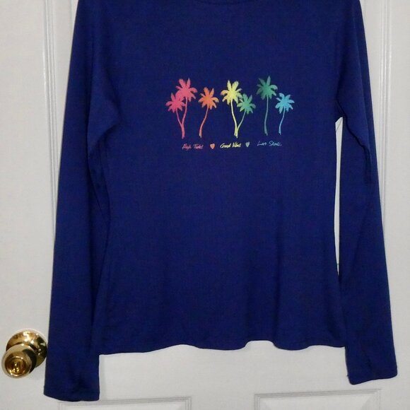 NEW NWOT LOCO SKAILE BLUE LONG SLEEVE WOMENS SHIRT TOP - PALM TREES - JUNIOR L - Picture 2 of 2